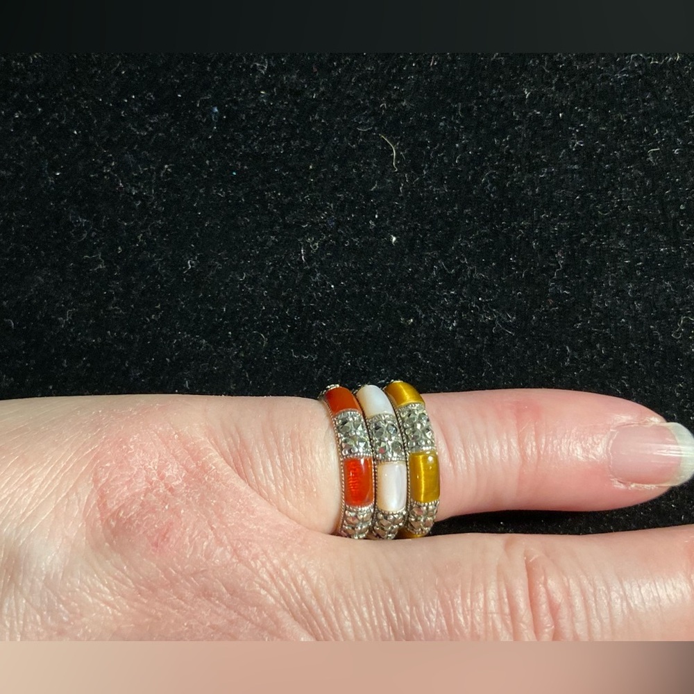 Set of 6 Sterling Silver Marcasite and Gemstone Inlay Band Rings - Picture 5 of 7